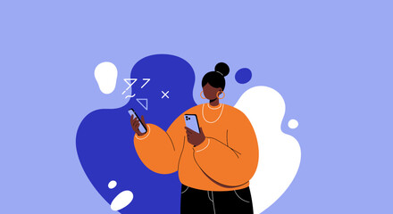 Modern woman multitasking with two smartphones, illustrating digital communication, social media engagement, and modern tech usage. Ideal for lifestyle and business concepts.