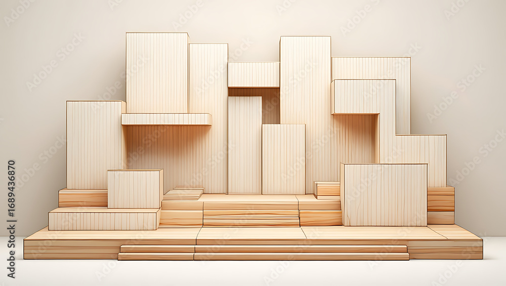 Poster a stepped arrangement of various sized wooden planks and blocks, creating a textured display platfor