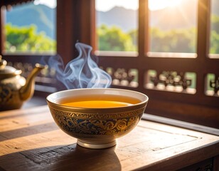 Warm tea in a decorative bowl, sunlit patio