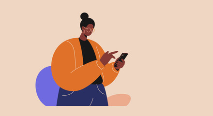 Modern woman engaged with smartphone, casually browsing or communicating. Represents digital connectivity, online services, social media, and mobile technology in everyday life.