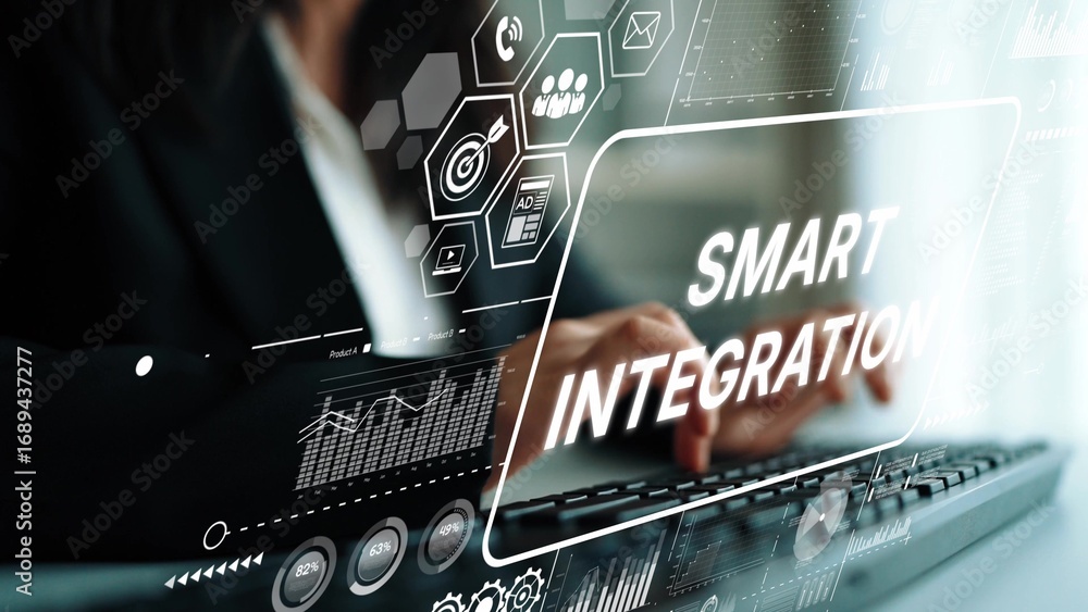 Poster smart integration concept with modern technology for business solutions and data analysis in digital