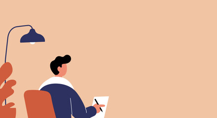 Illustrated person focused on writing or studying at a desk with a lamp, ideal for concepts of productivity, education, remote work, or creative thinking.
