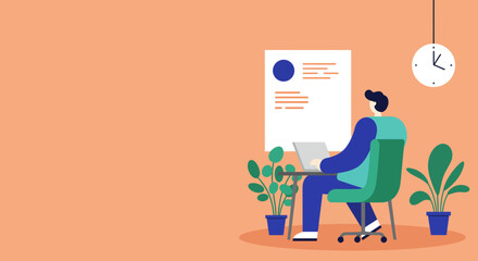Professional illustration of a man focused on his laptop in a modern office, representing productivity, remote work, and digital business solutions.