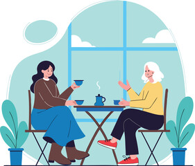 Two Women Chatting Over Coffee – Friendly Conversation at a Cozy Café