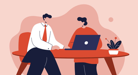 Two professionals collaborate on a laptop in a modern office setting, illustrating teamwork, discussion, and digital work. Perfect for business and technology themes.