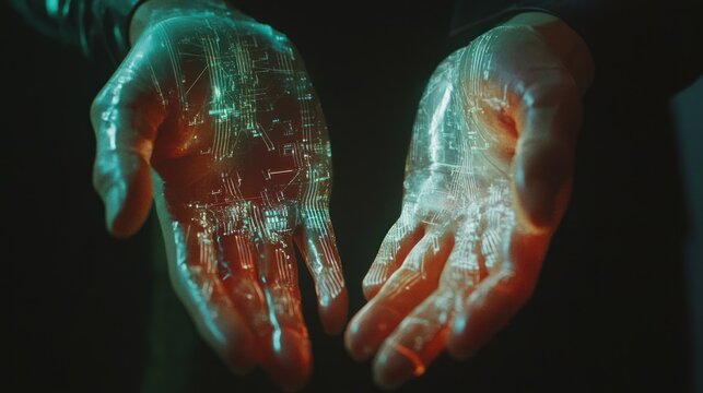 Hands with glowing digital circuitry, dark background, futuristic