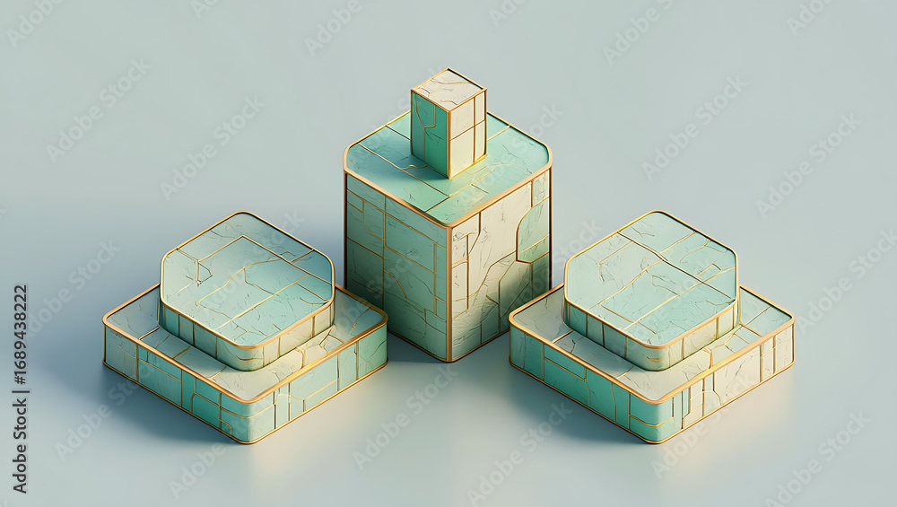 Aufkleber isometric view of stacked geometric blocks with textured surfaces, arranged in a balanced compositio