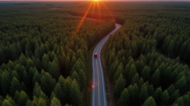 Aerial over a winding forest road in Finland during sunset