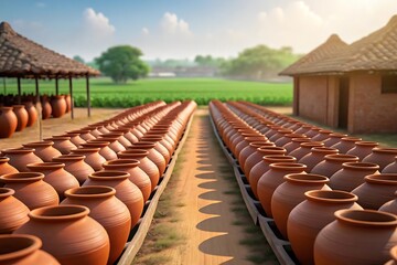 Rows of terracotta pots in a sunny outdoor pottery workshop scene