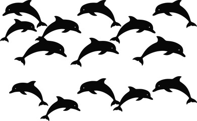 Group of playful dolphins jumping out of water, marine life, ocean animals, wildlife, aquatic mammals, sea creatures, nature, freedom