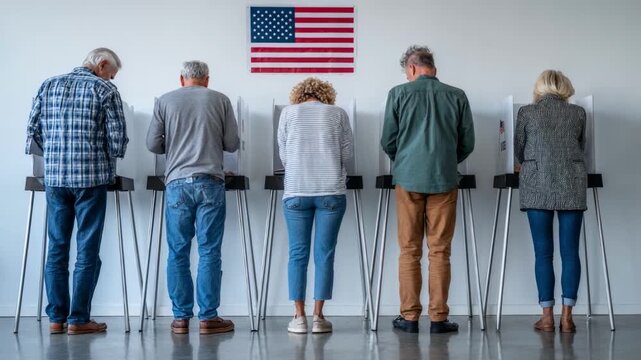 A diverse group of citizens stands in voting booths at a polling station, exercising their democratic rights during an election, a concept of civic duty and political participation