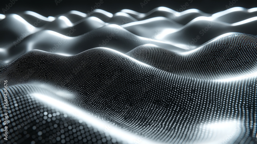 Poster futuristic landscape of softly pulsing holographic ribbons creates mesmerizing loop, with surface of