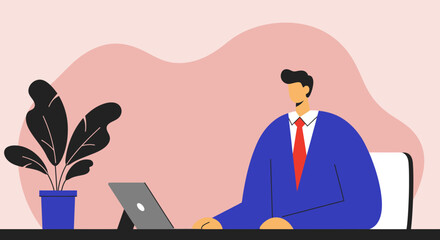 Professional man working on laptop at desk in a modern office, representing business, remote work, productivity, and success.