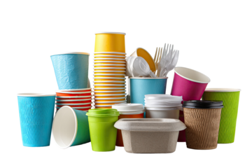 Assorted colorful disposable paper cups, lids, and utensils