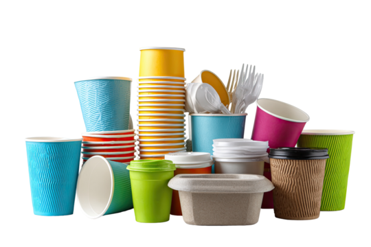 Assorted colorful disposable paper cups, lids, and utensils
