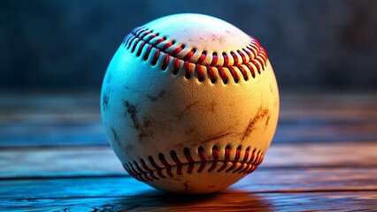 A single, worn baseball with red stitching rests on a rustic wooden surface, dramatically illuminated by contrasting cool blue and warm yellow light for a cinematic and nostalgic feel