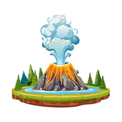 Cartoon Volcano Eruption on Island Landscape with Trees and Water