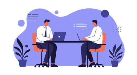 Two male professionals collaborating on laptops in a modern office, depicting teamwork, business strategy, and technology integration. Ideal for corporate communication or digital work concepts.