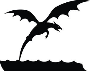 Majestic dragon flying over wavy water silhouette