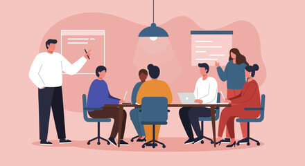 A diverse business team collaborates during an office meeting, discussing strategy and ideas. Ideal for themes of teamwork, professional development, and modern corporate environments.