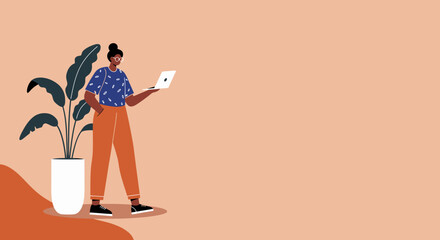 Modern young woman uses a laptop while standing next to a potted plant, illustrating remote work, digital tasks, and a contemporary lifestyle. Ideal for business and technology themes.
