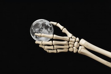 A skeletal hand delicately holding a full moon against a backdrop of deep black darkness creating a surreal and imaginative conceptual scene.