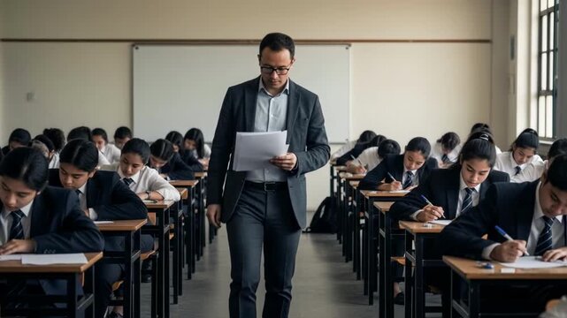 A male teacher walks down the aisle in a classroom as students in school uniforms focus on writing an exam, a scene representing education, academic assessment, and discipline