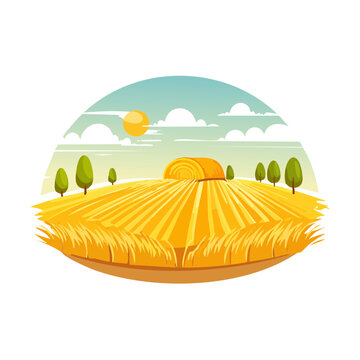 Golden Field with Hay Bale, Trees, Sun, and Clouds Flat Graphic Illustration