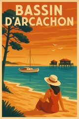 Woman in a red dress and hat stands on the shore looking out at a sailboat and wooden cabin on stilts over calm waters in the Bassin d'Arcachon in France
