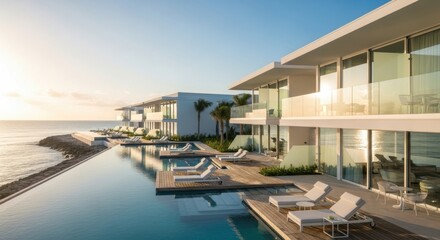Obraz premium Luxury Modern Beachside Villas with Infinity Pool and Sun Loungers at Sunset