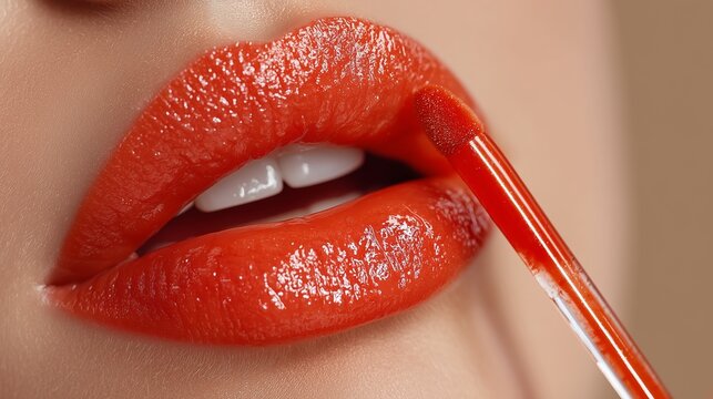 Cosmética de lujo: labios con brillo efecto espejo, Maquillaje de labios rojos: textura brillante y perfecta definición, Primer plano de labios con brillo intenso y aplicador de labial rojo glossy 