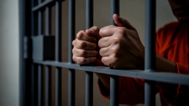 A close-up of a prisoner's hands in an orange jumpsuit gripping the bars of a jail cell, a powerful image symbolizing imprisonment, crime, and despair