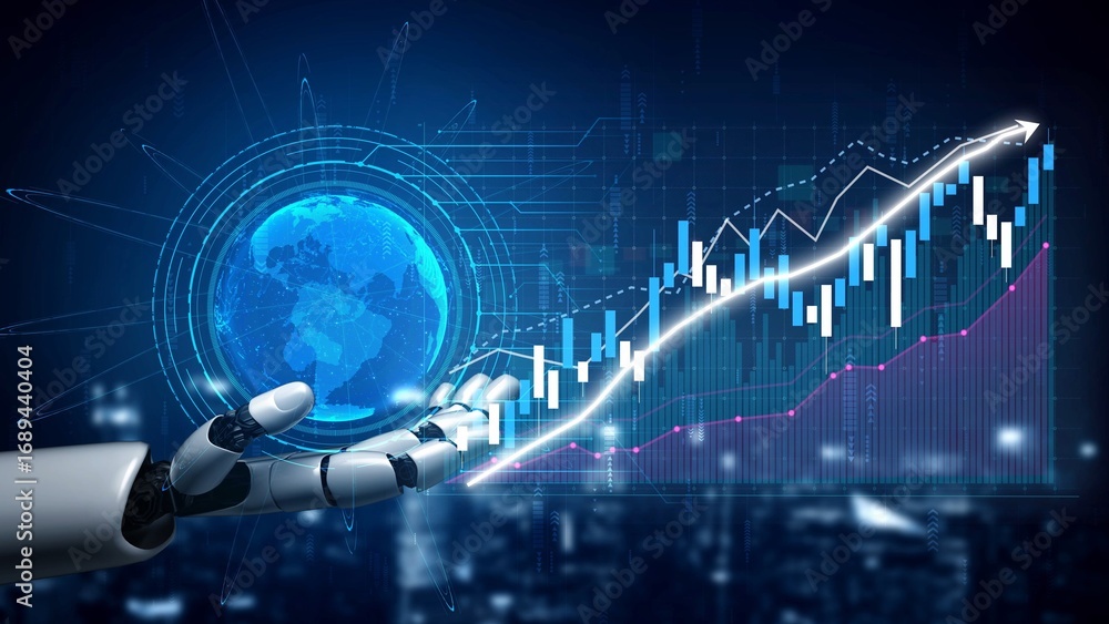 Poster a sleek robotic hand extends towards a vivid representation of global growth, featuring dynamic fina
