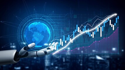 A sleek robotic hand extends towards a vivid representation of global growth, featuring dynamic financial graphs and data visualizations in a cutting-edge digital landscape. Copula