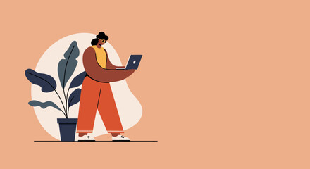 A modern person works remotely on a laptop, standing beside a potted plant in a stylish, minimalist setting. Ideal for themes of digital nomad, freelance, or online learning.