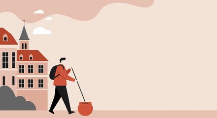 Illustration of a traveler with a backpack and stick, pulling a pot, walking past charming European-style buildings. Represents journey, pilgrimage, or exploration.