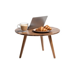 Laptop, Coffee, and Croissants on Wooden Side Table - Cozy Work From Home Breakfast Setup
