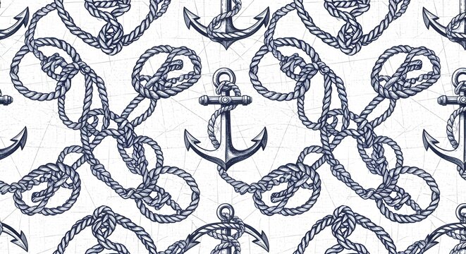 Seamless pattern featuring anchors and ropes on a white background with a subtle map texture