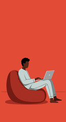 Illustration of a person casually working or studying on a laptop from a comfortable bean bag, symbolizing modern remote work and home lifestyle.