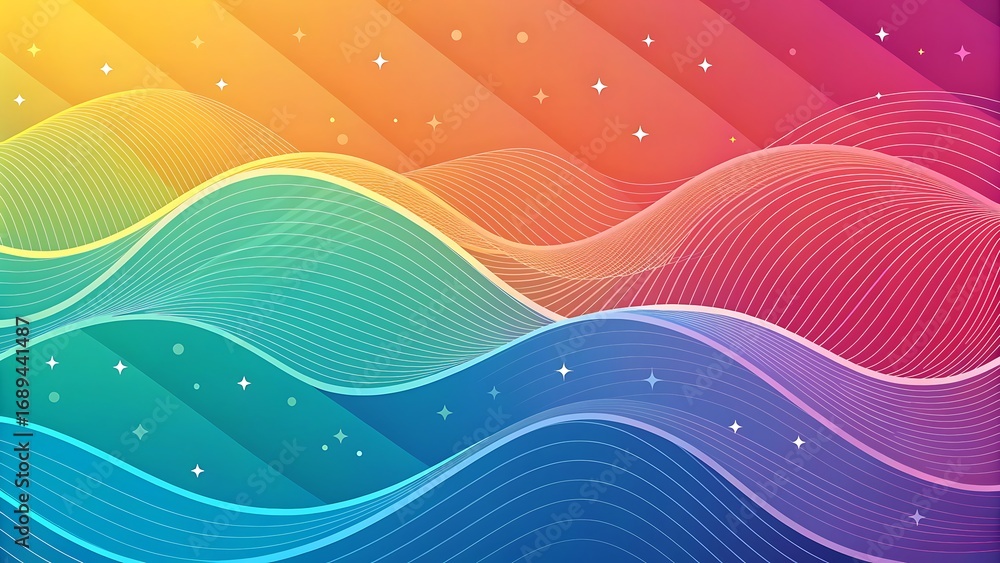 Aufkleber Colorful Abstract Waves Gradient Background with Stars and Circles for Graphic Design Projects and Modern Presentations.