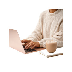 Cozy Workspace Woman Working on Laptop with Coffee
