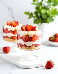 Two glass trifle dishes filled with strawberries and cream