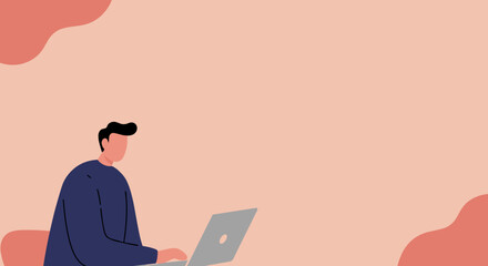 Illustration of a man focused on his laptop, ideal for depicting remote work, online education, or digital productivity. Modern minimalist style.