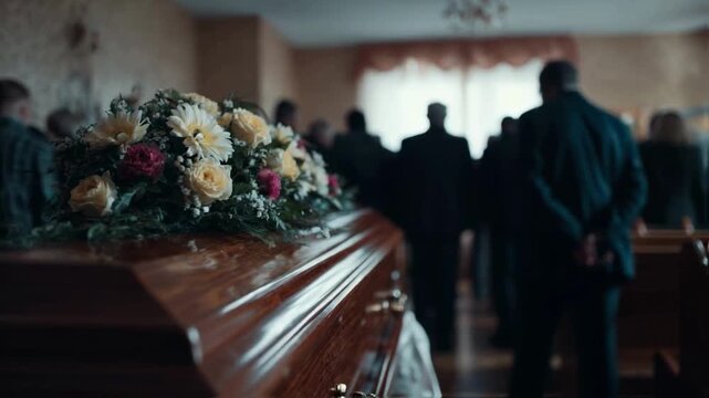 A wooden coffin with flowers on top is the focus at a funeral service, with mourners gathered in the blurred background, a solemn scene of grief, loss, and the final farewell