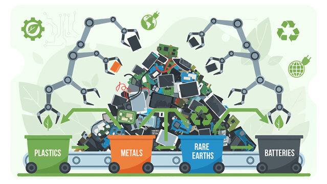 Tech Waste and E Waste Recycling Process, sustainable solutions for electronic waste, vector, illustration, ecofriendly digital art