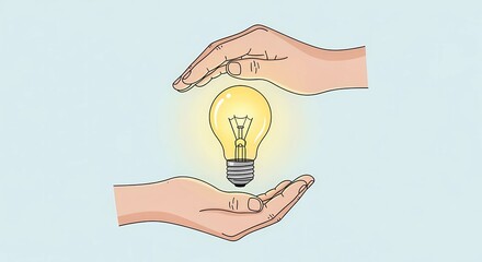 hands protecting glowing light bulb idea