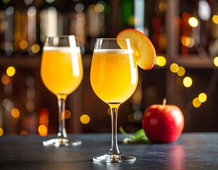 Two glasses of a golden-orange drink, garnished with apple slices, on a dark surface, in a dimly lit bar