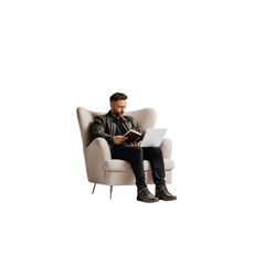Focused Man Working and Reading in Comfortable Armchair