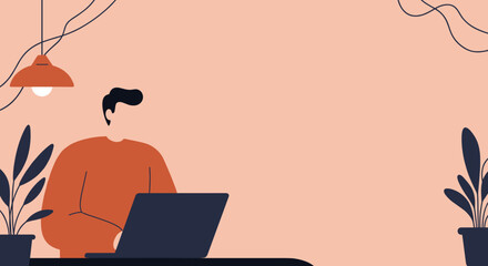Minimalist illustration of a man working on a laptop at a desk with plants and a hanging lamp, depicting remote work, productivity, and a cozy workspace.