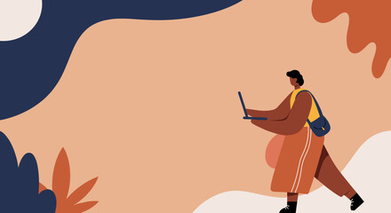 Modern person walking with a laptop, engaged in remote work or online learning. Represents flexibility, connectivity, and digital lifestyle in an abstract, organic setting.